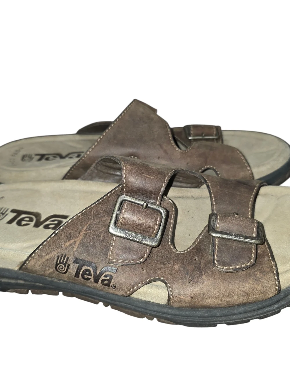 Teva Leather Slide Sandals Mens 10 Brown Shoc Pad Comfort Buckle Casual Shoes